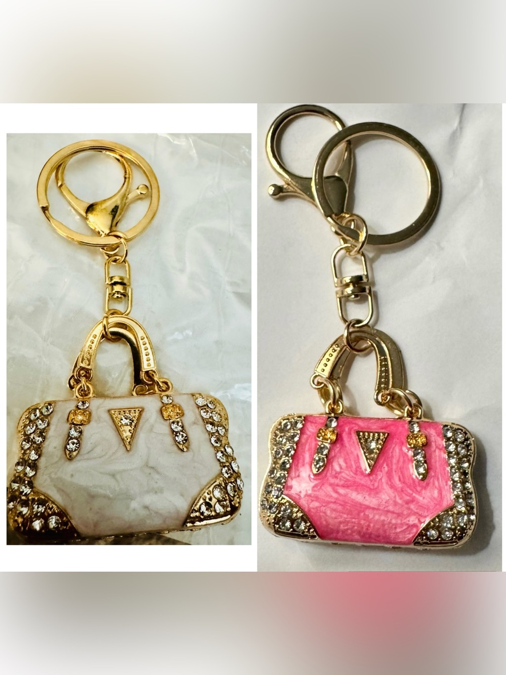 Unbranded Gold-Tone Pink OR Cream Rhinestone Handbag Keychain (price per 1)